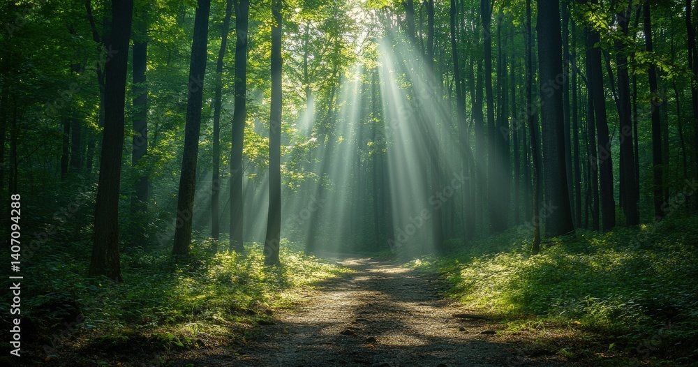 Poster Sunlight shining through trees on forest path