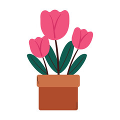 hand drawing cartoon pink flower pot and leaves. cute plant doodle