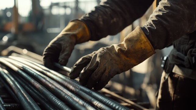 Construction laborer working with steel reinforcement bars. Featuring structural work and material handling