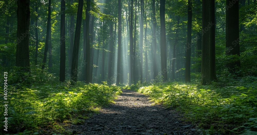 Aufkleber Sunlight shining through tall trees on a forest path