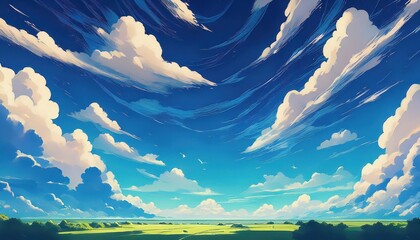 Vibrant AnimeInspired Dreamscape Majestic Blue Sky Backdrop Enriched with Dramatic Clouds, Illuminated by Soft Sunlight, Reflecting a World of Fantasy and Intrigue.