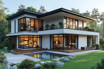 Fototapeta premium Modern two-story house with pool, terrace, white walls, black roof, large windows overlooking garden, and wooden floor.