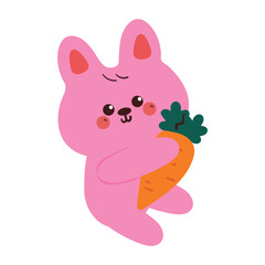 cute drawing pink bunny holding carrot. cute animal doodle for sticker, icon