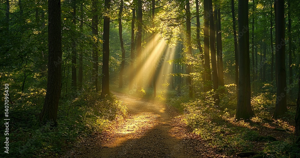 Aufkleber Sunlight filtering through trees illuminating forest path
