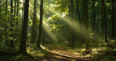 Fototapeta premium Sunlight shining through tall trees on a forest path