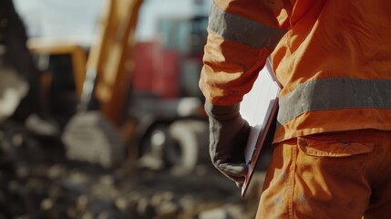 Construction site supervisor checking safety equipment. Featuring vigilance and safety management
