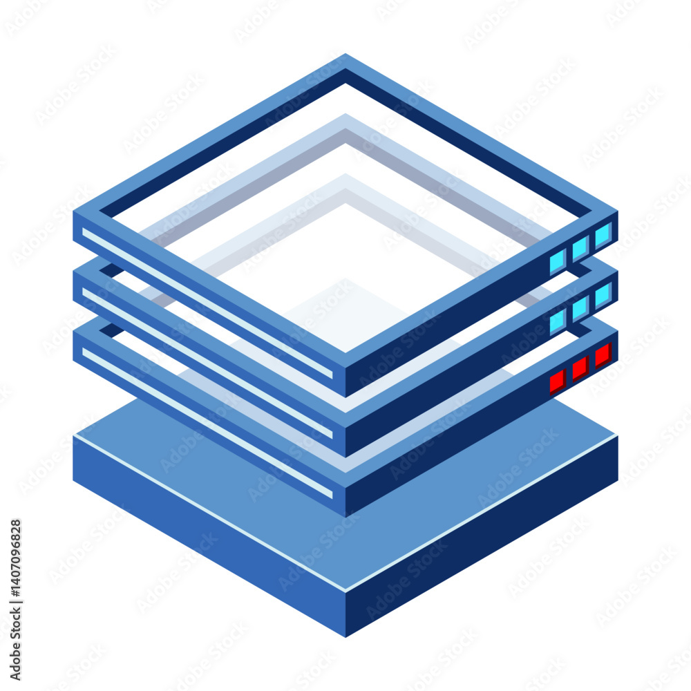 Poster isometric futuristic server. isometric database or data center. abstract blockchain. computer storag