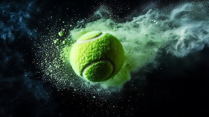 Freeze motion shot of a flying tennis ball releasing a burst of vibrant light green powder against a deep black background
