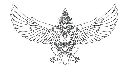 Fototapeta premium Detailed Garuda Mythical Bird King Coloring Sheet Hindu Buddhist Legend Line Art Activity Page for Coloring