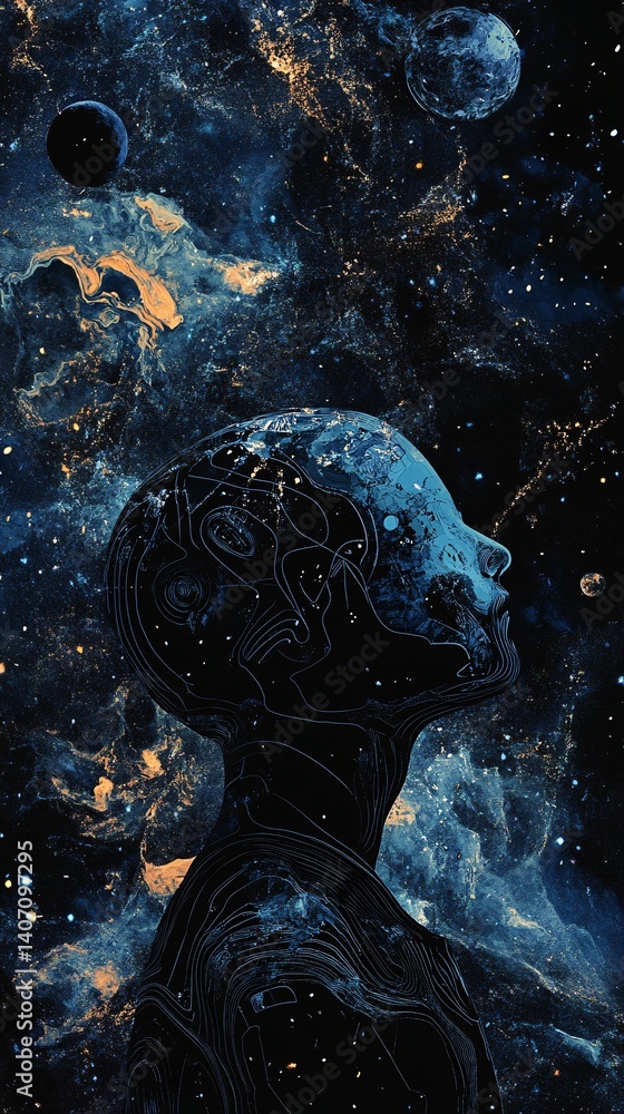 Poster android contemplating planets and universe in outer space