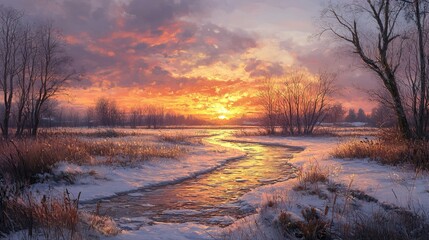 Fototapeta premium Winter sunset sky reflecting warm colors over icy terrain