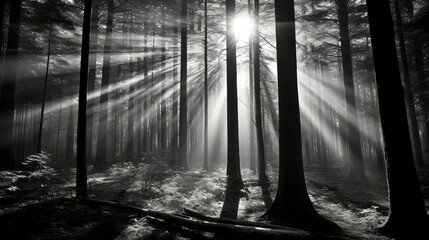 trees sun rays black and white