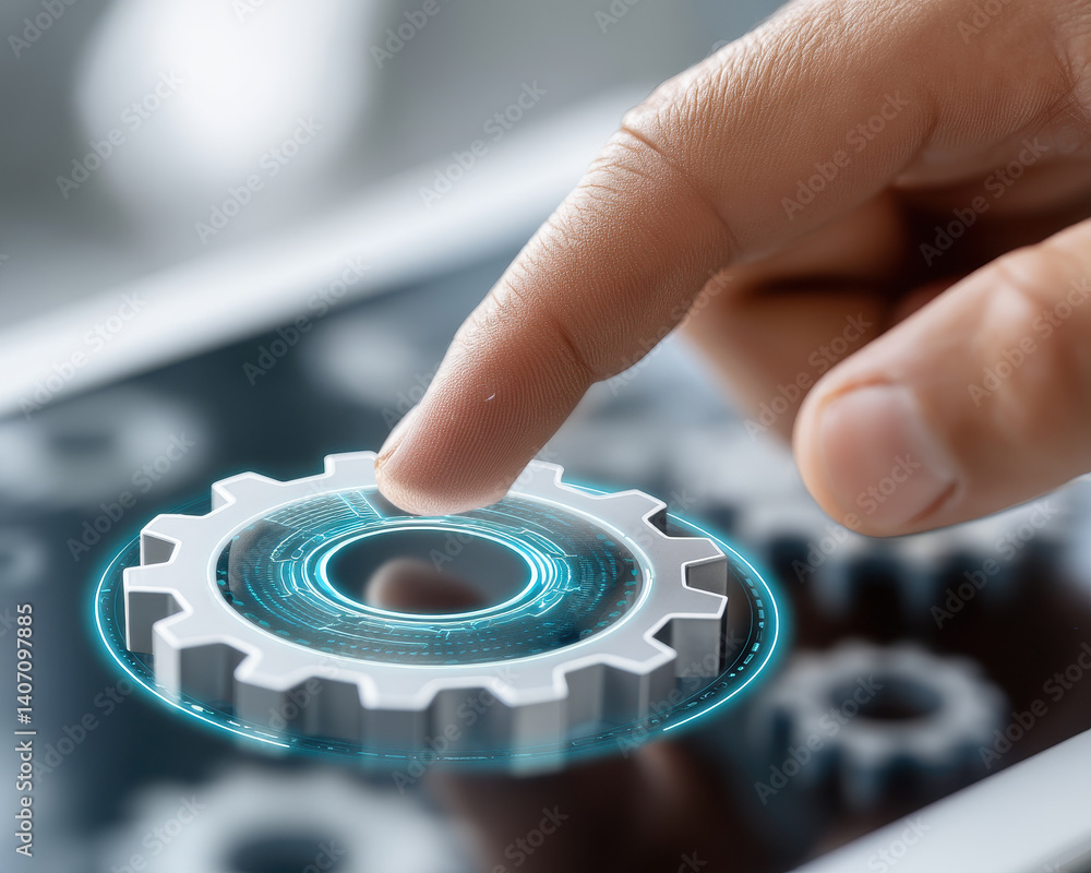 Aufkleber hand interacting with digital interface featuring gear icon, symbolizing automation and technology. 