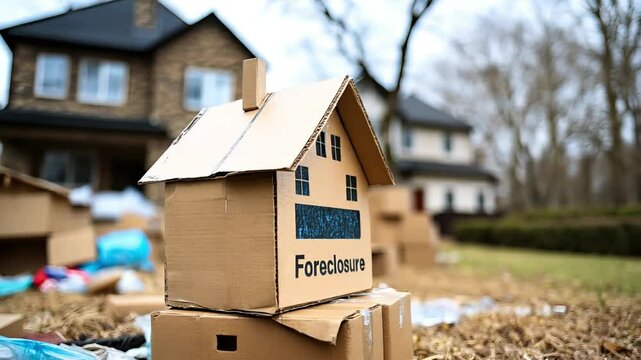 A cardboard house labeled &ldquo;Foreclosure&rdquo; sits in the front yard of a real home, surrounded by moving boxes. This symbolic highlights economic hardship, property loss, and the emotional toll of eviction