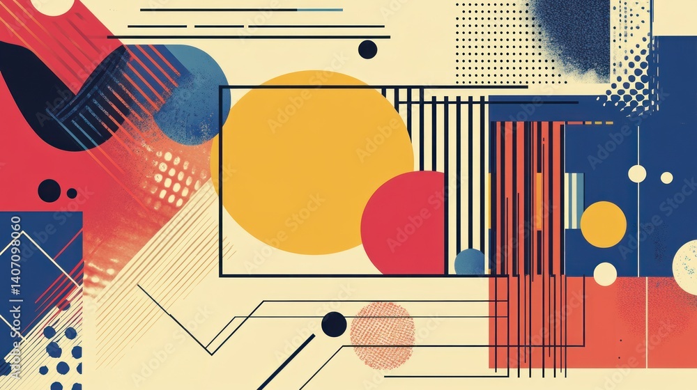 Poster harmonious composition of geometric shapes and lines in a modern art style creating a vibrant abstra