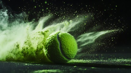 Crisp freeze-frame of a spinning tennis ball scattering light green powder in a surreal artistic display on black