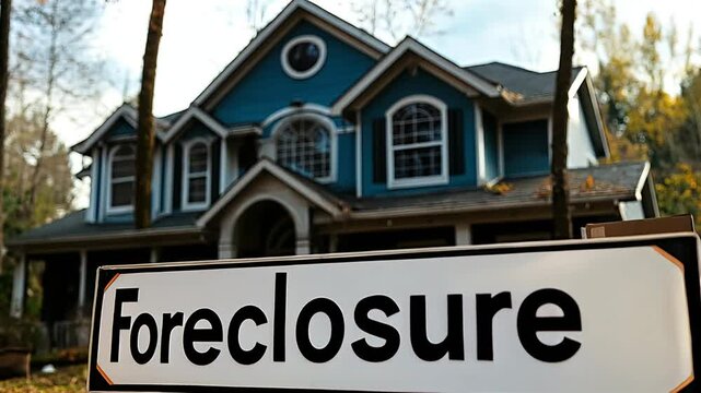 A suburban house with a foreclosure sign and packed boxes outside, depicting the emotional and financial consequences of losing a home. represents economic hardship, eviction, and property  loss