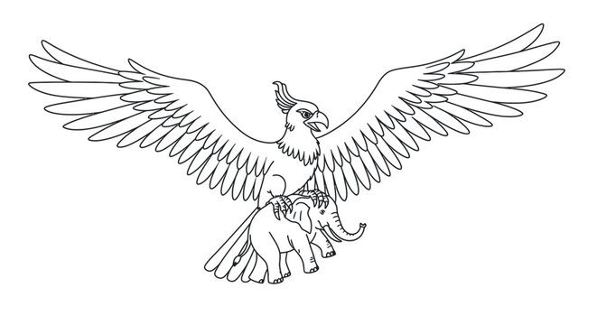 Gigantic Roc Bird Carrying Elephant Coloring Page Arabian Nights Legend Mythical Creature Line Art Illustration