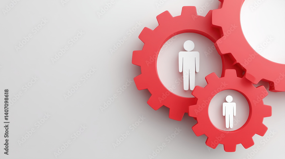 Poster modern teamwork concept with red gears and human figures symbolizing collaboration and strategy in p