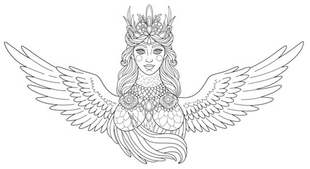 Obraz premium Mythical Sirin Bird Woman Coloring Page Slavic Folklore Creature Human Head Avian Body Line Art Illustration