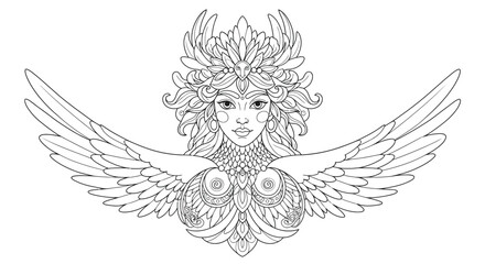 Fototapeta premium Slavic Legend Sirin Coloring Sheet Bird With Woman Head Mythological Figure Line Art Design Printable Activity