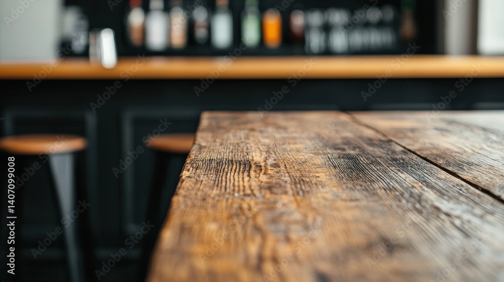 Poster Empty wooden table in a cozy pub setting with bar counter in background