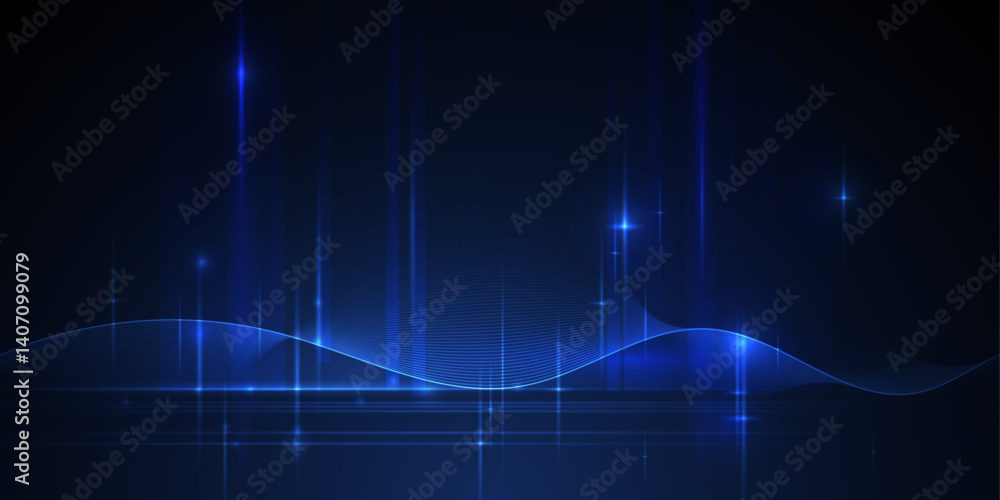 Poster Illustration vector abstract wave, flow line, motion pattern and particle dot on blue color background. Modern futuristic, big data design for background. Digital datum, high tech, technology concept