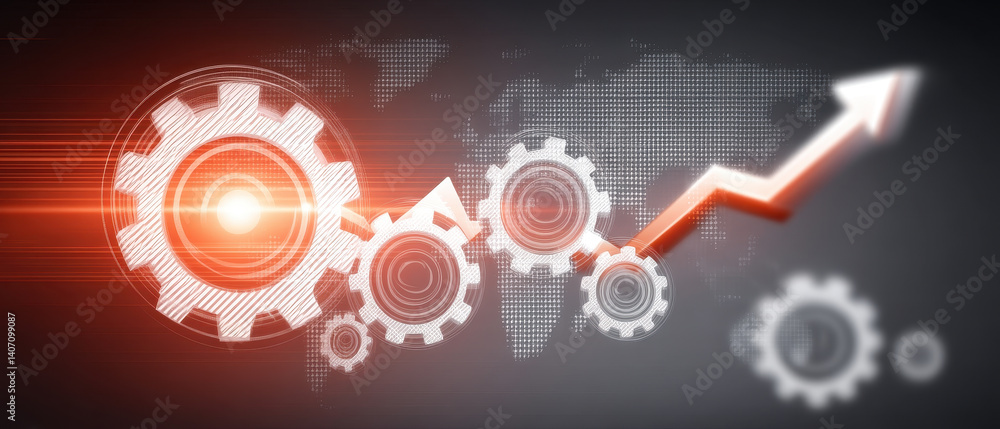 Aufkleber transformative gears symbolize growth and progress, showcasing dynamic upward trend in global contex