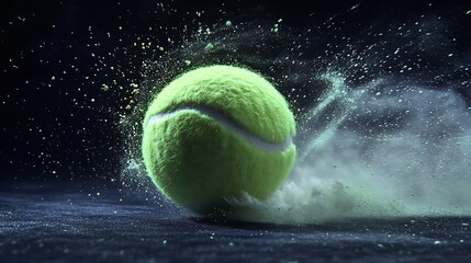 Elegant motion capture of a tennis ball gracefully ejecting a glowing light green dust cloud in a perfectly frozen frame