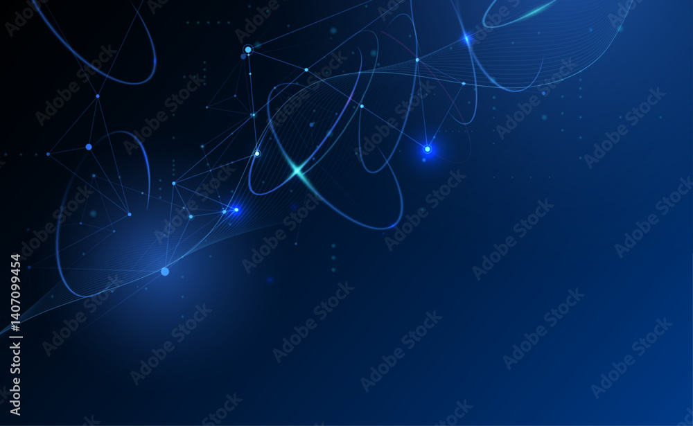Poster Vector illustration abstract technology with molecule, Flowing dot particle wave flow line, wireframe and dot on blue background. Datum technology network, science, artificial intelligence concept
