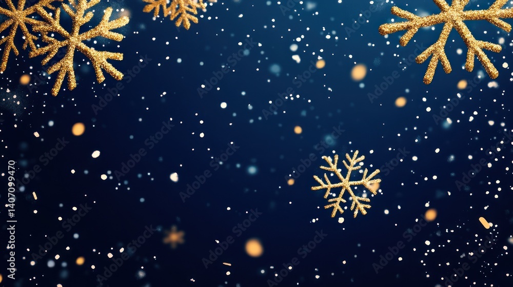 Poster a christmas winter background featuring golden snowflakes gently falling against a deep azure gradie