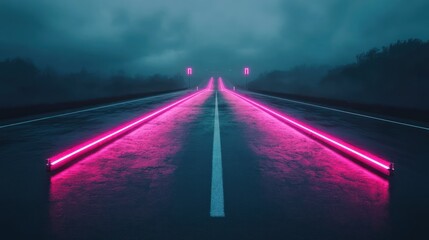 Obraz premium Pink neon road, night fog, journey, mystery, background, digital art, stock photo