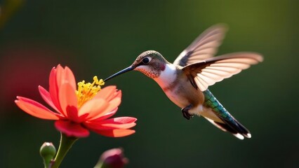 Naklejka premium Graceful hummingbird hovers midair to sip from vibrant flower