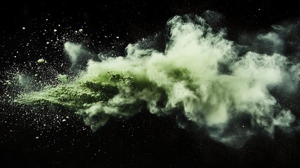 Obraz premium High-velocity tennis ball breaking through air while releasing a stunning wave of fine light green powder against black