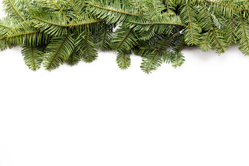 Green fir branches on white background. Winter fir and pine eco decor. Top view