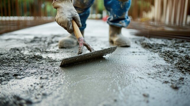 Construction worker applying concrete for floor foundation. Featuring construction skills and material application