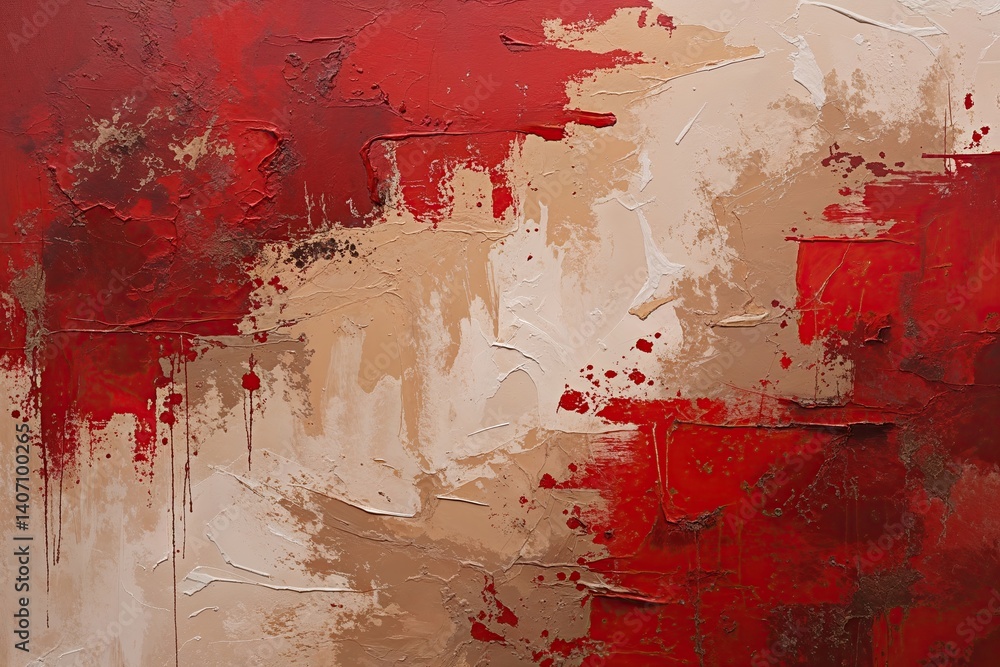 Poster abstract brush strokes canvas in warm cherry red and beige with rustic texture