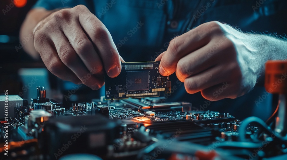 Poster Technician installing cpu chip into motherboard in workshop