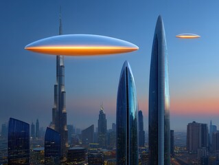 Fototapeta premium Stunning Skyscraper with City Skyline at Dusk and UFO Sighting