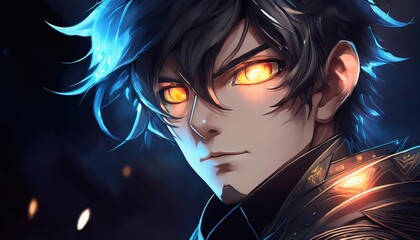 Anime Character with Luminous Eyes, a Dark Glowing Aura Enhancing the Atmosphere of an Intense Scene, Illustrating Detailed Features and Vivid Emotions.