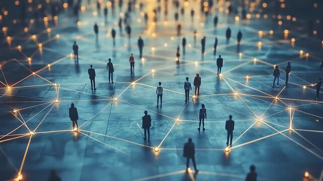 A futuristic network of people interconnected by glowing digital lines, customer-centric strategies, communication, human connections, and advanced data systems in a digitally transformed society.