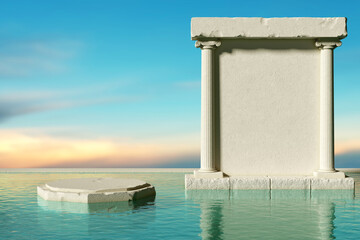Ionic column with arch stone Inscription stone archaeological site frame product display stand on pond sky. Greece or Egypt building style. platform fashion cosmetics. clipping path. 3D Illustration.