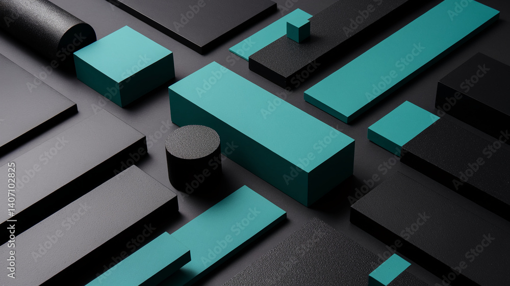 Poster Abstract image of teal and black geometric shapes arranged on a dark surface, creating a modern and minimalist design showcasing clean and sophisticated aesthetic, ideal for background or presentation