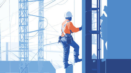 A vector illustration depicting a female construction worker wearing a hard hat and safety gear, standing on a platform at a significant height. The background includes blurred elements suggesting