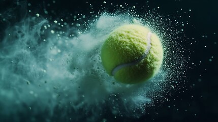 Slow-motion capture of a tennis ball in free fall leaving a gorgeous light green powder cloud trail against deep black