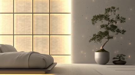 Serene Minimalist Bedroom Design: A Harmonious Blend of Modern Aesthetics and Traditional Japanese Influences for Peaceful Living