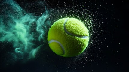 A radiant tennis ball floating mid-air diffusing a mesmerizing light green powder halo in ultra-sharp detail on black