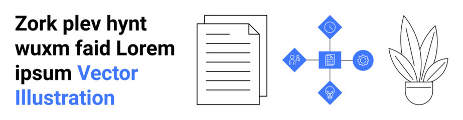 Document beside interconnected nodes with digital icons and a potted plant. Ideal for content creation, workflow, digital tools, network, productivity, creative process, flat landing page banner
