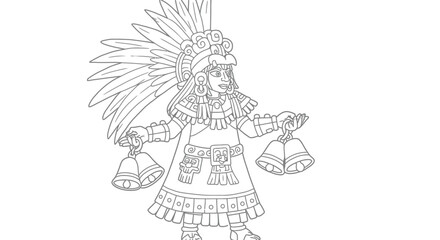 Simple Line Drawing of Coyolxauhqui Aztec Moon Goddess with Bells Coloring Page Printable for Cultural Study