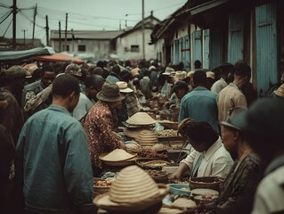 Vibrant Market Scene: A bustling market comes alive with a tapestry of vendors and customers, navigating through a lively ambiance amidst an authentic architectural backdrop.